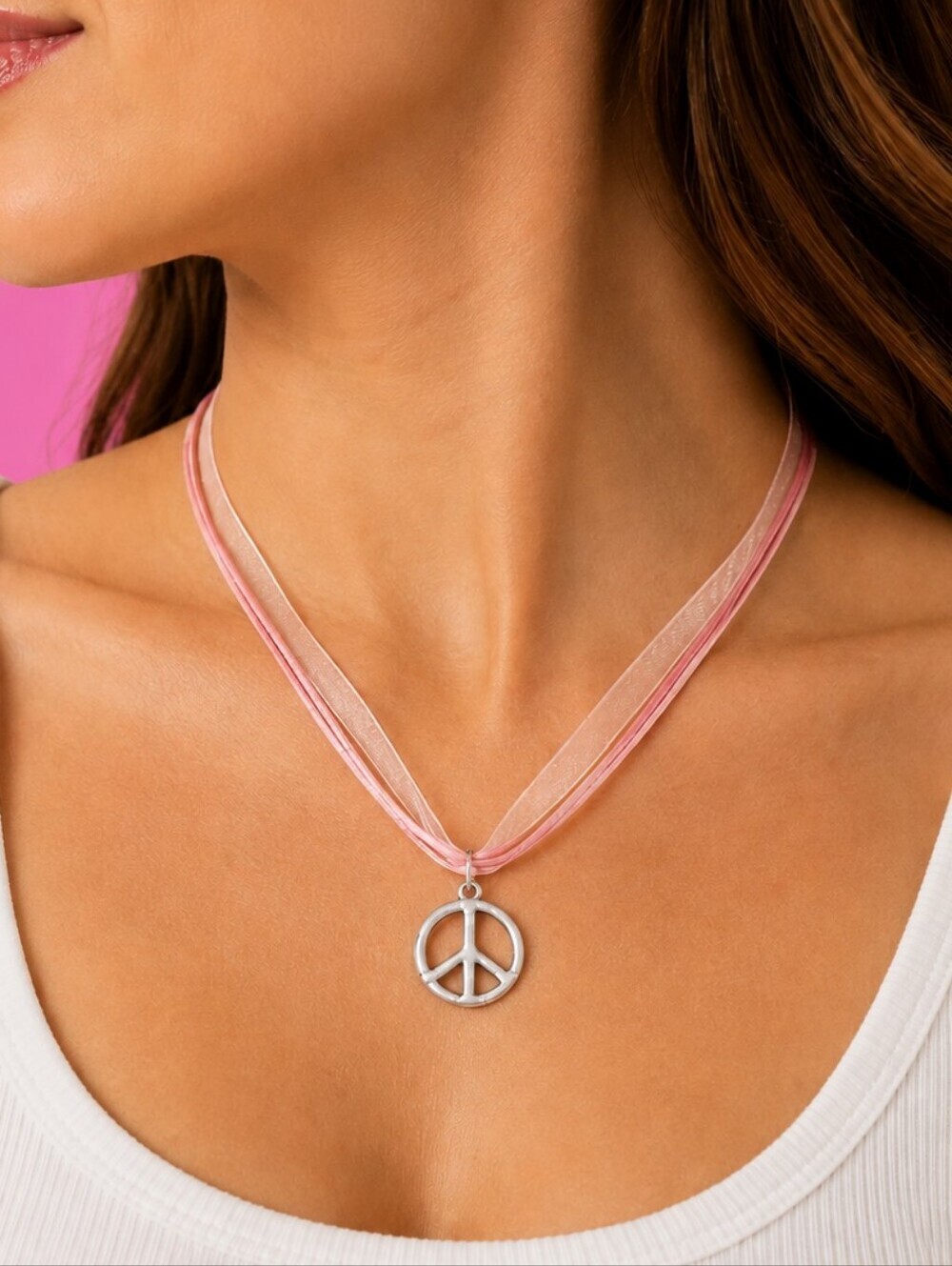 3/$30 Peace Sign Pendant Pink Ribbon Necklace